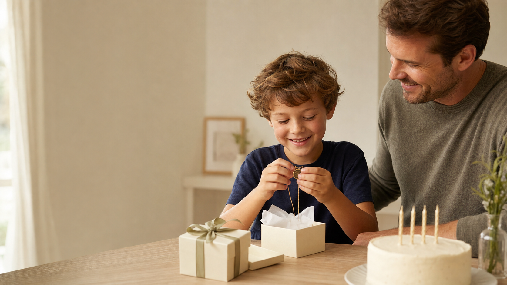 Child opening a small keepsake gift beside a birthday cake