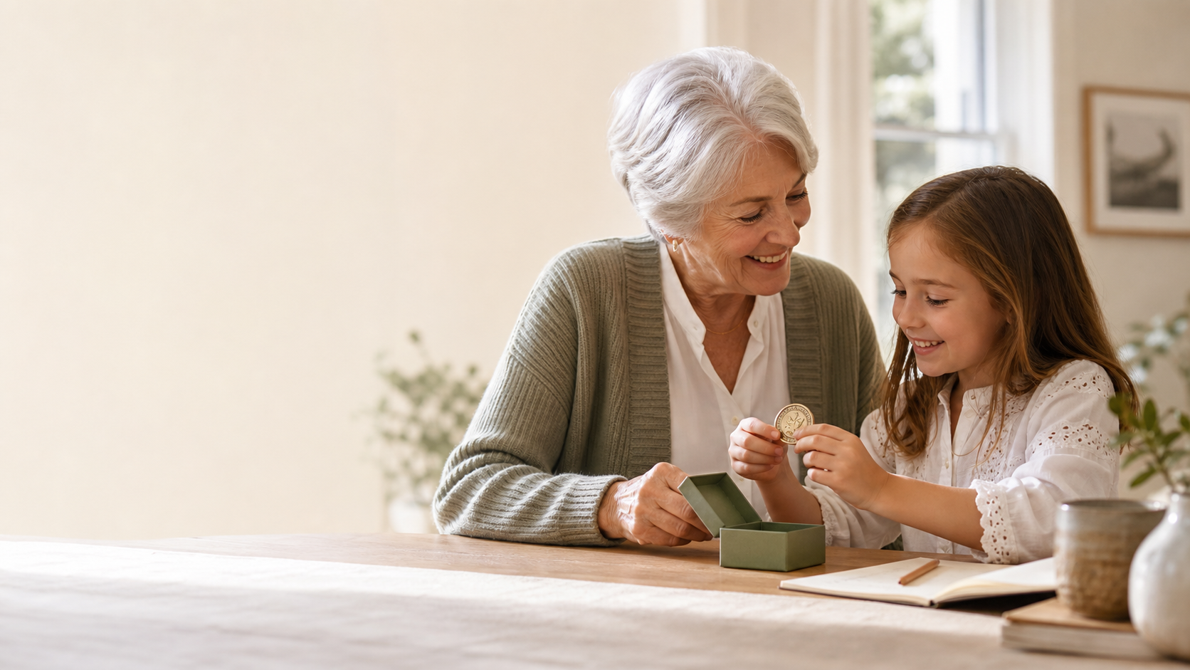 Grandparent and child sharing a small education keepsake gift