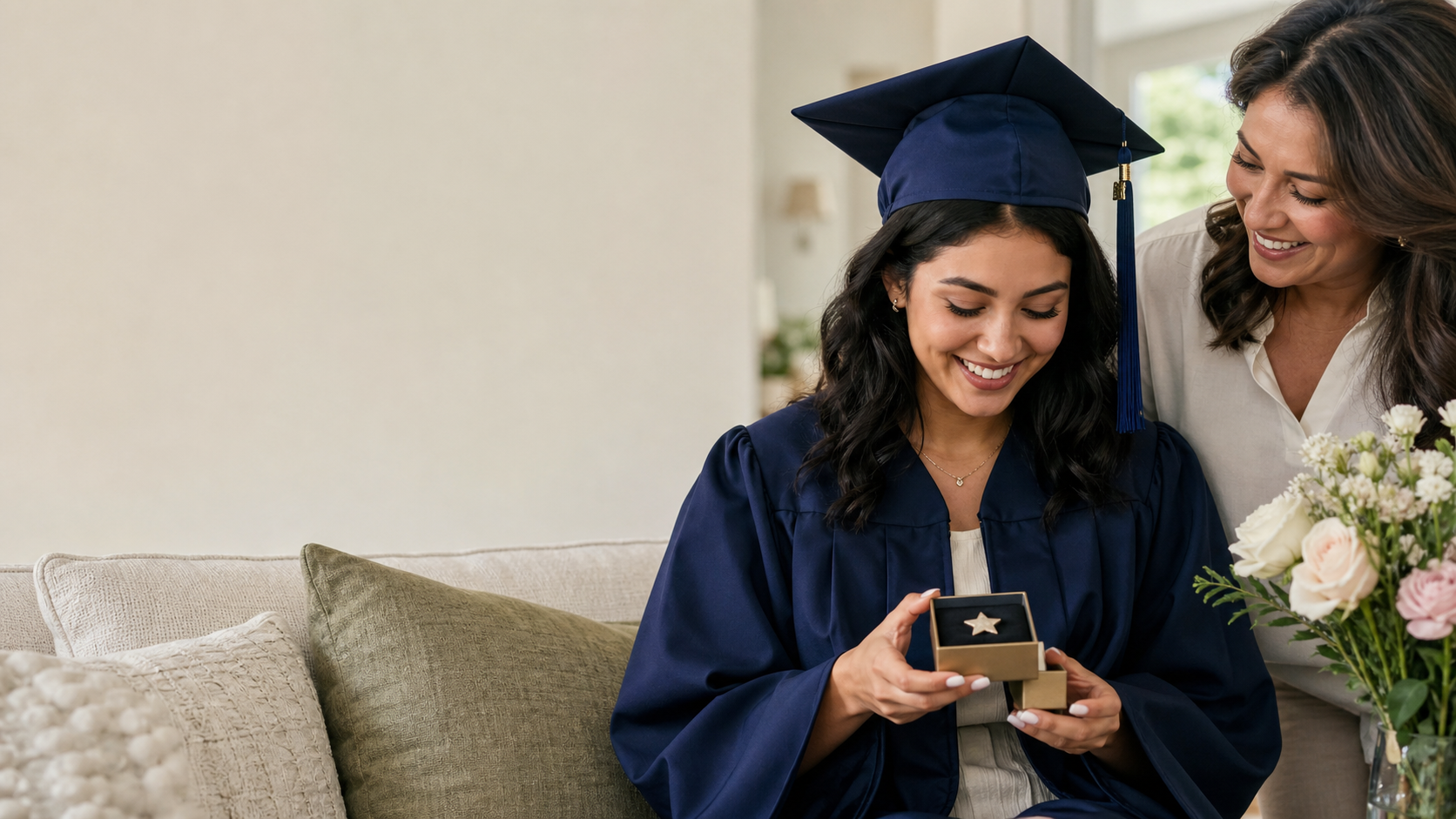 Graduate opening a star keepsake while celebrating with family