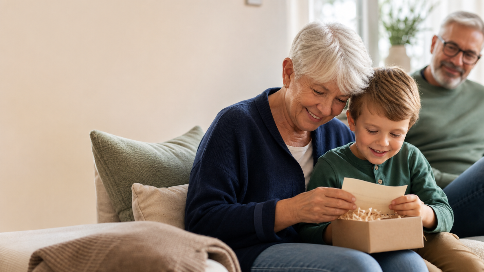 Grandmother and child opening a personal keepsake gift together
