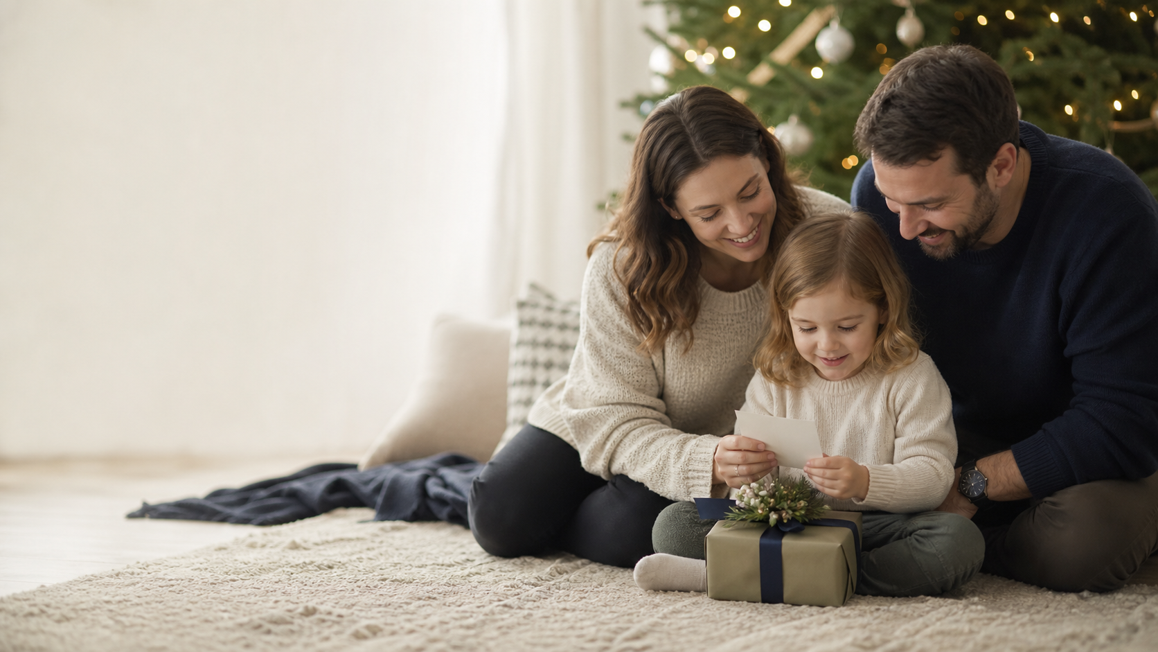 Family sharing a small keepsake holiday gift near a decorated tree