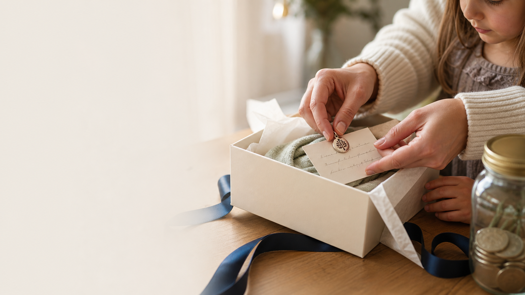 Adult and child preparing a keepsake gift and note together