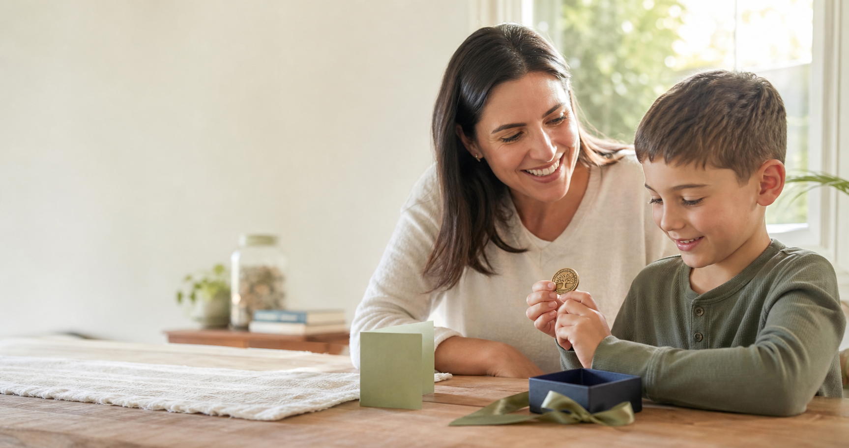 Parent and child sharing a small keepsake gift at home