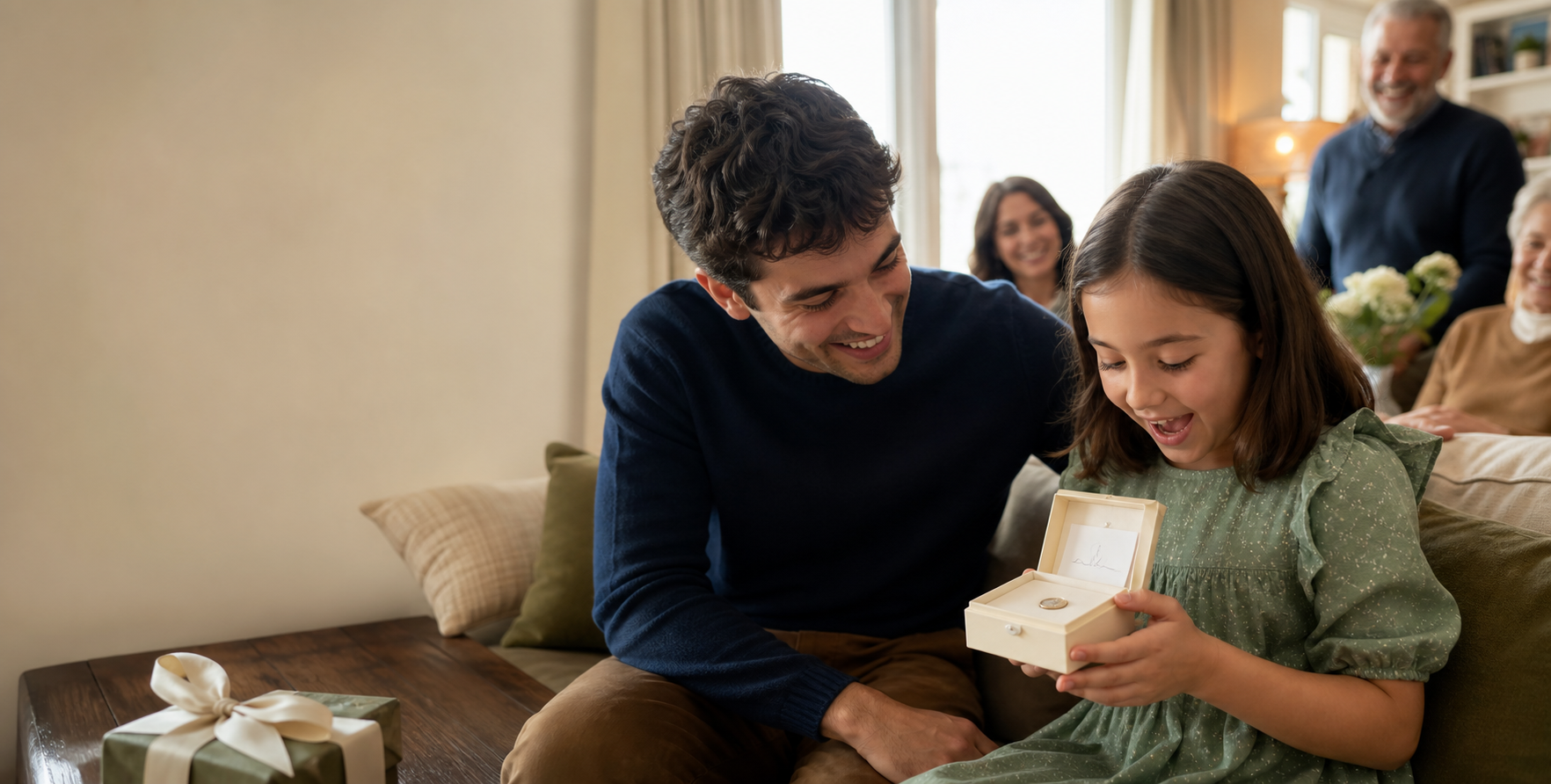 Family celebrating as a child opens a small keepsake gift box